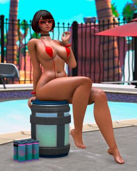 1girls 3d artist_request bare_shoulders belly_button big_breasts bikini black_hair blush bracelet bracelets breasts cleavage earrings epic_games evie_(fortnite) eyewear female female_only fortnite fortnite:_battle_royale glasses hairclip light-skinned_female light_skin lipstick looking_at_viewer nail_polish painted_nails painted_toenails pool poolside red_lipstick red_nail_polish red_nails revealing_clothes short_hair sitting sling_bikini slingshot_bikini smile solo solo_female sunglasses tagme thighs tinted_eyewear tinted_glasses