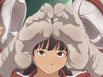 1girls athletic athletic_female brown_eyes brown_hair cute feet female foot_fetish foot_focus japanese_female maku_(l-u) presenting_feet shoes shoes_removed smelly_feet socks solo solo_female tan-skinned_female tan_skin