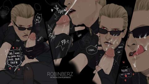 2d age_difference albert_wesker blonde_hair cum cum_in_mouth cum_on_face cumshot dialogue gay gay_blowjob handjob leon_scott_kennedy licking_cum licking_lips looking_over_eyewear looking_over_sunglasses male male_only red_eyes resident_evil robinberz sunglasses tagme tinted_eyewear