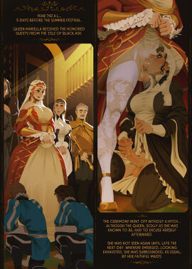 2futas big_breasts bonnet breasts brown_hair deepthroat dress english_text erection fellatio formal futa_masturbation futa_on_futa futanari garter_belt garter_straps highres incase intersex kneeling light-skinned_futa light_skin maid masturbation no_panties oral original queen sunlight victorian