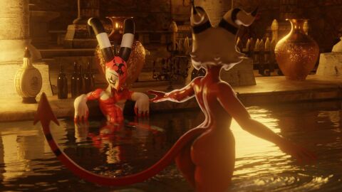 big_ass blitzo_(chocoscorner) blitzo_(helluva_boss) bloxxie gay helluva_boss horns jaiblizz moxxie_(helluva_boss) moxxie_(valorlynz) standing_in_water tail vase water