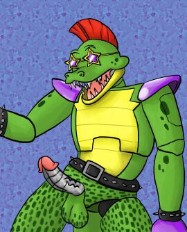 alligator_tail animatronic anthro background balls biceps body_markings boner erection facial_markings five_nights_at_freddy's five_nights_at_freddy's:_security_breach fnaf green_balls green_body lighting_bolt machine male male_focus male_only metal_penis mohawk mohawk_(hairstyle) montgomery_gator_(fnaf) muscular muscular_anthro muscular_arms muscular_male muscular_thighs non-human non_mammalian_nipples penis pink_glans red_hair reptile reptile_humanoid robot robot_humanoid robot_joints robot_penis scottgames simple_background smile solo solo_male spiked_bracelet spotted_body tail tail_markings tattoo two-tone_body two-tone_fur