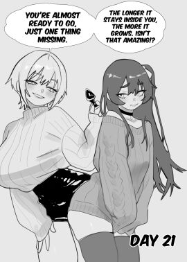 1boy 1girls 2d 2d_(artwork) 2d_artwork absurd_res anal_plug ass big_breasts black_and_white blush breasts buttplug clothed collar collarbone crossdressing day_count days_counter dialogue domination english_text eyebrows_visible_through_hair eyeshadow female female_supporting_crossdressing femboy femdom feminization forced_feminization from_side grey_background grey_hair greyscale humiliation jewelry kanoji_(ni_kanojo) long_hair long_sleeves male medium_hair monochrome necklace nervous no_pants original_character sex_toy shiny_hair shiny_skin side_ponytail sidelocks skindentation skirt smile smug speech_bubble standing stockings straight_hair submissive_male sweater teasing text thick_thighs thighhighs