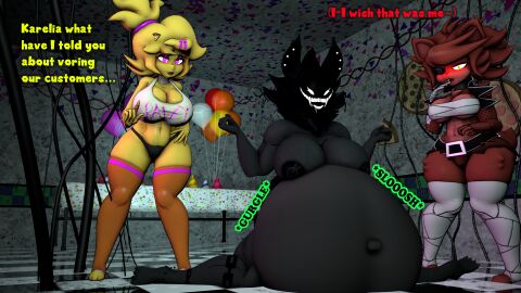 backrooms backrooms_creature chica_(cally3d) chica_(fnaf) chiku chiku_(cryptia) cryptiacurves digestion digestion_noises female fexa fexa_(cally3d) fexa_(cryptia) five_nights_at_freddy's foxy_(cally3d) foxy_(fnaf) karelia_(acerattman) rule_63 sfm smiler_(the_backrooms) the_backrooms vore vore_belly