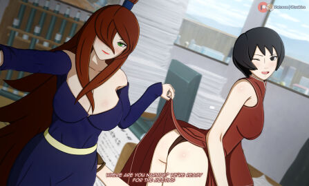 2girls 3d arm_support ass bare_ass big_ass big_breasts black_eyes black_hair blush boruto:_naruto_next_generations breast_size_difference breasts brown_hair china_dress chinese_clothes commentary desk dialogue dress dress_lift english_text female female/female female_only g-string green_eyes hokage_office indoors invitation inviting inviting_to_sex koikatsu kurotsuchi lifted_by_another looking_at_viewer looking_back looking_back_at_viewer male mature mature_female mei_terumi milf mizukage multiple_females multiple_girls naruto naruto_(series) office offscreen_male one_eye_closed otsukira panties pants patreon_username petite presenting presenting_ass raised_leg selfie short_hair skirt skirt_lift small_breasts smile taking_selfie talking talking_to_another talking_to_partner text tsuchikage uzumaki_naruto watermark wink