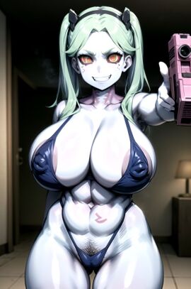 1girls abs ai_generated athletic big_breasts breasts cyberpunk:_edgerunners female green_hair huge_breasts long_hair looking_at_viewer musclegut muscular rebecca_(edgerunners) reficulsenpai tagme