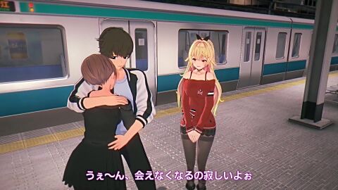 1boy 2girls 3d areolae bedroom blonde_hair breasts call censored cheating_(relationship) cheating_boyfriend cleavage cuckquean cum cum_on_breasts duo_focus ejaculation erect_penis erection french_kiss hairband handjob heterochromia hoshikawa_sara hug huge_breasts indoors japanese_text kissing kissing_face koikatsu moaning mosaic_censoring naefee nijisanji nipples no_voice_acting on_bed penetration penis phone phone_call red_eye room sex smartphone sound tagme text train train_station vaginal_penetration video virtual_youtuber yellow_eye