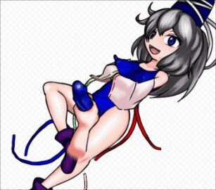 1futa 1other ambiguous_gender animated blue_eyes blue_swimsuit breasts checkered_background cum cum_through_clothes cum_through_swimsuit disembodied_hand eyes_rolling_back futa_focus futanari grey_hair handjob hard_nipples hat intersex long_nipples medium_breasts mononobe_no_futo one-piece_swimsuit open_smile sabun_symdrome shoes silver_hair smile swimsuit tate_eboshi thrusting_hips touhou