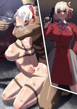 1girls 2boys ambiguous_penetration ass at_gunpoint bad_end before_and_after belt big_areola big_ass big_breasts big_butt big_nipples big_thighs blindfold blindfolded blonde_hair bondage bound bound_arms bound_legs bound_wrists breasts bruise captured captured_heroine crying dark-skinned_male dark_skin defeat defeated defeated_heroine domination female female_human fit_female gun gun_in_mouth human human_male instant_loss_2koma large_breasts light-skinned_female light_skin lycoris_recoil male maledom medium_hair muscular muscular_male neck nishikigi_chisato orange_eyes restrained restraints ribbons rope_between_breasts rope_bondage ropes sex sex_slave short_hair slap_mark slim_waist smile smiley_face straight tears teasing teenage_female teenager thick_thighs zetsu_red