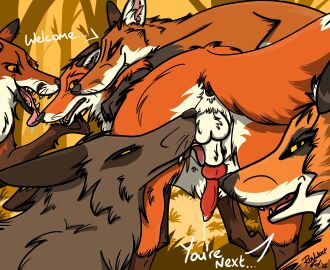 absurd_res after_transformation anatomically_correct animal_genitalia animal_penis ass balls bodily_fluids canid canine canine_genitalia canine_penis cum cum_drip digital_media_(artwork) dripping english_text feral first_person_view fox genital_fluids genitals group hi_res imminent_sex knot licking looking_at_viewer male male/male mammal open_mouth oral penile penis penis_lick rear_view renwick-fox_(artist) sex smile text tongue transformation worried