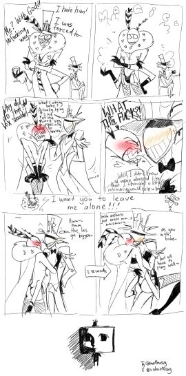 ass cheating comic comic_page cuddling demon english_dialogue english_text gay god_(hazbin_hotel) hazbin_hotel kiss kissing male male/male text text_bubble valentino_(hazbin_hotel) vishneffsky vox_(hazbin_hotel)