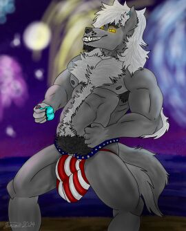 4th_of_july anthro canid canine canis clothing detailed_background fireworks flexing grey_body hair hi_res holidays jockstrap juneau_(juneauwuff) juneauwuff long_hair male mammal mythological_canine mythological_creature mythology solo underwear were werecanid werecanine werewolf wolf