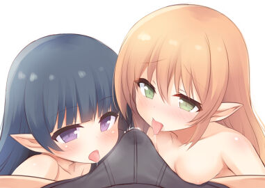 1boy 2girls black_hair blush breasts brown_hair bulge collaborative_fellatio cooperative_fellatio covered_penis erection erection_under_clothes fellatio female green_eyes highres irina_bondarchuk iris_mysteria! long_hair male multiple_females multiple_girls naja_(iris_mysteria!) nipples nude oral penis pointy_ears precum precum_through_clothes purple_eyes raised_inner_eyebrows small_breasts teamwork teamwork_(sexual) yuu_(yumezakura)