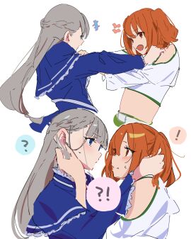 ! !? 2girls ? absurdres atenaba blue_capelet blue_dress blue_eyes blush braid brown_eyes capelet catfight clothing_cutout cropped_shirt dress female female_only fighting french_braid frilled_capelet frills grey_hair hand_on_another's_head highres kanne_(sousou_no_frieren) lawine_(sousou_no_frieren) long_sleeves looking_at_another multiple_females multiple_girls orange_hair shirt short_hair shoulder_cutout simple_background sousou_no_frieren twintails upper_body white_background white_shirt yuri