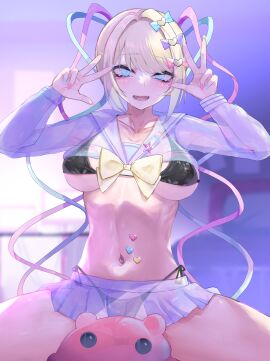 @_@ absurdres aqua_bow aqua_eyes aqua_hair aqua_nails bikini black_bikini blonde_hair blush bow breasts brws cameltoe chouzetsusaikawa_tenshi-chan collarbone double_w female hairbow heart highres holographic_clothing indoors large_breasts light light_smile long_hair long_sleeves looking_at_viewer micro_bikini miniskirt multicolored_hair multicolored_nails nail_polish navel needy_girl_overdose open_mouth panties pink_bow pink_nails purple_bow purple_hair pussy sailor_collar school_uniform see-through see-through_shirt see-through_skirt serafuku shirt_bow skirt solo star_(symbol) string_bikini sweat swimsuit teeth twintails very_long_hair w yellow_bow yellow_nails