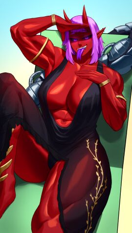 1girls abs bent_leg big_breasts black_sclera breasts commission demon demon_girl dress female female_only forked_tongue horns inner_sideboob looking_at_viewer lying lying_on_back muscular muscular_female muscular_thighs pointy_ears purple_eyes purple_hair purple_tongue red_skin smiling smiling_at_viewer solo sotcho tongue tongue_out very_high_resolution