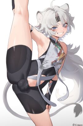 1boy armpit armpit_sweat ass balls balls_under_clothes blue_eyes bulge clothed femboy feminine_male flexible jtveemo kamokotan_love light-skinned_male light_skin lingyang_(wuthering_waves) lion_boy lion_ears male male_only no_pubic_hair one_leg_up plump_ass presenting presenting_ass presenting_hindquarters revealing_clothes smile smiling smirk smirking smooth_skin stretching sweat sweating sweaty tagme thighs trap twink white_hair wuthering_waves