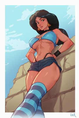 aladdin aladdin_(1992_disney_film) arabian ass athletic_female big_breasts black_hair bra breasts brown_eyes choker covered_nipples dark-skinned_female dark_skin disney disney_princess earrings erect_nipples female fit_female frame highleg highleg_panties jasmine_(aladdin) large_breasts long_hair looking_at_viewer looking_down middle_eastern middle_eastern_female navel_piercing navel_ring nipples panty_straps piercing princess_jasmine short_shorts signature sky stone_wall thighhighs thong ullr viewed_from_below wall wristband younger_female