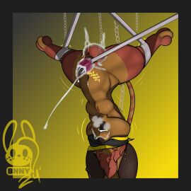 absurd_res animal_genitalia balls blindfold bodily_fluids bondage bound breath brown_body chains cum digitigrade_paws english_text fangs genital_fluids genitals hair hi_res kan'vi kerchief male masturbation musk open_mouth panting penetrable_sex_toy penis piercing plump_lower_lip red_hair restraints sex_toy short_stack solo succubusbnny suspended_in_midair suspension tapering_penis teeth text tongue toy upside-down
