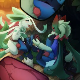 anal animal_genitalia animal_penis anthro belt_pouch blowjob bodily_fluids canid canine canine_genitalia canine_penis closed_eyes clothed clothing darkmirage eeveelution felid feline feline_genitalia feline_penis fellatio feral fey_(thenomadicdragon) gear generation_4_pokemon generation_6_pokemon generation_9_pokemon genital_fluids genitals group hi_res knot lucario maestro_(thenomadicdragon) male male/male mammal mask meowscarada nintendo oral oral_penetration penetration penile penis penis_in_mouth pokemon pokemon_(species) rubrum_(thenomadicdragon) scarf sex smile sunset sylveon tongue tongue_out tongue_out_blowjob trio