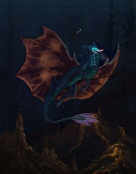 absurd_res anglerfish aquatic_dragon black_smoke blue_body blue_scales bubble claws deep_sea detailed_background dragon female feral fish genitals glowing glowing_horn hi_res horn limali looking_up marine mira_cantutaru multicolored_wings mythological_creature mythological_scalie mythology pupils pussy scales scalie signature smoke solo spines swimming tail teeth underwater_scenery volcano wings yellow_eyes