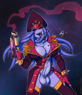 1futa astra_militarum balls bedroom_eyes black_sclera blue_body blue_hair blue_skin bodily_fluids bottomless bottomless_futa bottomless_humanoid bottomless_intersex breasts captain_hat chaos_(warhammer) chaos_daemon cleavage clothed clothing commissar daemon_of_slaanesh daemonette dripping ejaculation erection foreskin futa_only futanari genital_fluids genitals hair half-closed_eyes hands-free hi_res holding_gun humanoid humanoid_genitalia humanoid_penis imperial_guard imperium_of_man intersex lapinbeau laser_gun legwear long_hair long_tongue narrowed_eyes navy_uniform open_mouth open_smile partially_clothed penis precum precum_drip precum_string ranged_weapon retracted_foreskin seductive sharp_teeth smile solo stockings teeth tongue uncircumcised vein veiny_penis warhammer_(franchise) warhammer_40k weapon