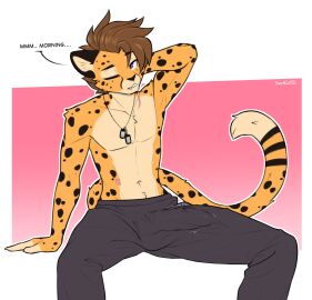 anthro bottomwear brown_hair bulge cheetah clothing detailed_bulge dog_tag_necklace dog_tags felid feline fur genital_outline hair hand_behind_head hi_res jewelry male mammal markings necklace one_eye_closed pants penis penis_outline purple_eyes scar sharkcatsg shirtless simple_background sitting solo spots spotted_body spotted_fur tail text white_background zachariah_(velocitycat)