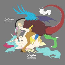 absurd_res alicorn anus ass ass_grab butt_grab chimera collaboration discord_(mlp) duo equid equine female feral friendship_is_magic hand_on_ass hand_on_butt hasbro heart_symbol hi_res horn horse lillayfran male male/female mammal my_little_pony mythological_creature mythological_equine mythology pony princess_celestia_(mlp) pussy sex simple_background stepanda tongues_touching vaginal_penetration wings