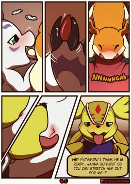 anal anal_sex animal_genitalia animated anus armadillomon ass balls bandai_namco blush bodily_fluids claws comic dialogue digimon digimon_(species) digital_media_(artwork) english_text erection fangs feral genitals gomamon green_eyes group group_sex hair head_wings hi_res male male/male male_penetrated male_penetrating male_penetrating_male membrane_(anatomy) membranous_wings nude open_mouth oral patamon penetration penis rimming saliva scalie sex short_playtime speech_bubble tail teeth text threesome tongue tongue_out unusual_anatomy unusual_anatomy_placement unusual_wing_placement vitrex white_body wings yellow_body