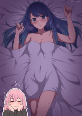 6oryo_illust armpits bare_arms bare_legs bare_shoulders bare_thighs bed bed_sheet blue_eyes blue_hair blush breasts cleavage collarbone completely_nude female kotobuki_minami kurokawa_akane long_hair lying medium_breasts nude open_mouth oshi_no_ko ready_to_fuck sweat sweaty_body thighs under_sheets visible_breath