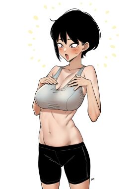 1girls black_hair blush breast_expansion breast_grab breast_growth breast_growth_(enlargement) breasts fan_(f.w.zholic) farmer's_tan female female_only medium_breasts mole navel paid_reward red_eyes sweatdrop twitter_strip_game_(meme) yoga_pants