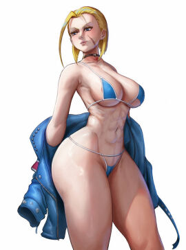 1girls artist_request bikini blue_bikini cammy_white capcom female female_only feminine_pose fighting_game jacket solo source_request street_fighter street_fighter_6 swimsuit two_piece_swimsuit