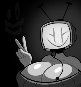 1girls 1monster 2024 2d_(artwork) ambiguous_gender antenna breasts cleavage computer computer_head female huge_breasts humanoid living_machine minusbrush monster original_character peace_sign plug screen_face selfie shadow sweater tabitha_(ultraneeks) wire