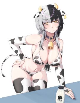 arm_support bell bikini black_hair blush bovine breasts cleavage collar cow_print detached_sleeves fake_animal_ears fake_tail female frown hololive hololive_english hololive_english_-advent- large_breasts long_hair looking_back milk milk_bottle multicolored_hair navel shiori_novella table thighhighs virtual_youtuber white_hair wide_hips yellow_eyes