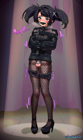 1boy absurdres ball_gag black_hair blue_eyes blush chastity_cage chastity_cage_strap commentary crying crying_with_eyes_open drooling english_commentary fishnet_pantyhose fishnets flat_chastity_cage gag gagged high_heels highres long_hair looking_at_viewer lumpychan original pantyhose shorts small_chastity_cage solo standing straitjacket tears testicles twintails