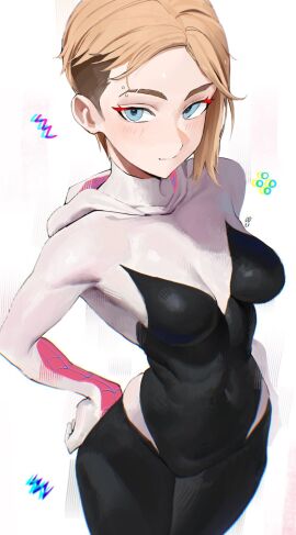 1girls asymmetrical_hair blonde_hair blue_eyes blush bodysuit breasts closed_mouth clothed_navel covered_navel eyebrow_piercing female female_only groin gwen_stacy hand_on_own_hip hi_res highres hood hooded_bodysuit looking_at_viewer marvel marvel_comics medium_breasts odyssey_21 piercing short_hair solo spider-gwen spider-man:_into_the_spider-verse spider-man_(series) spider_web_print superhero superhero_costume superheroine white_background