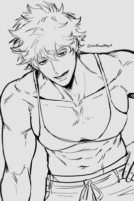 big_pecs bikini_top crossdressing earthnattapat gintama gintoki_sakata hand_on_hip leaning_forward line_art looking_at_viewer male male_only masculine_crossdresser monochrome muscular muscular_male smile solo swimsuit