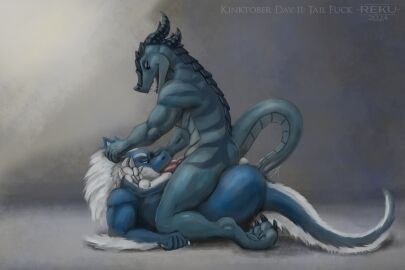amazon_position anal anal_sex anthro anthro_on_anthro anthro_penetrated anthro_penetrating anthro_penetrating_anthro ass azskel balls blue_body blue_fur bodily_fluids dragon duo ear fur genitals hand_on_ear hand_on_head hi_res horn lying lying_on_ground male male/male male_penetrated male_penetrating male_penetrating_anthro male_penetrating_male mane markings multicolored_body multicolored_fur mythological_creature mythological_scalie mythology on_back on_ground oral oral_penetration original_character penetration penile penile_penetration penis raised_tail reku_illustration scale_markings scales scalie sex simple_background sitting_on_another tail tail_fetish tail_fucking tail_fur tail_play tail_sex two-tone_body two-tone_fur white_body white_fur