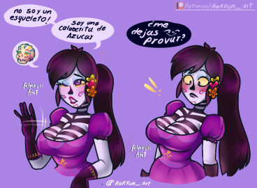 1girls 2d 5_fingers background black_text blush blushing boobs breasts catalina_la_catrina clothed clothing day_of_the_dead dia_de_los_muertos digital_art digital_drawing digital_media digital_painting dress exclamation exclamation_mark exclamation_point exclamation_sign eyebrows eyelashes eyes female fingers flower flower_in_hair flowers flowers_in_hair flush flushed long_hair patreon patreon_logo patreon_url purple_background purple_eyes question question_mark rakunart simple_background skeleton solo spanish spanish_text speech_bubble talking text tits twitter_username url white_text yellow_sclera