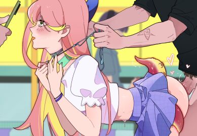 1boy 2others ambiguous_gender arm_tattoo asphyxiation bent_over black_shirt blonde_hair blue_bow blurry blurry_background blush bow bracelet cellphone choker cocolis colored_inner_hair drooling earphones female from_side green_choker green_eyes green_nails hairbow hands_up head_out_of_frame heart highres holding holding_earphones holding_phone jewelry leaning_forward long_hair male midriff miniskirt multicolored_hair multiple_others open_mouth penis people phone pink_hair puffy_short_sleeves puffy_sleeves purple_skirt pussy pussy_juice quandai19 quandaiyaojiu rolling_eyes rough_sex sex sex_from_behind shirt short_sleeves skirt smartphone solo_focus strangling tattoo tearing_up tentacle tianwen_kadokawa white_shirt