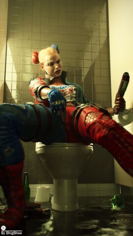 1girls 3d alternate_version_available angry background bathroom batman_(series) beer bhigbhee black_lipstick blonde_hair blue_clothing blue_hair boots bottle choker clothed clothed_female clothing day dc dc_comics detailed_background dirty double_bun facepaint feamel female female_only fingerless_gloves front_view full_body fully_clothed gesture gloves gun hair hair_bun harley_quinn harley_quinn_(arkham) harley_quinn_(suicide_squad_game) hi_res highres holding_gun holding_object holding_weapon holster indoors inviting inviting_to_sex jacket lipstick looking_at_viewer low-angle_view makeup middle_finger neckwear open_clothes open_jacket pants parted_lips pistol pointing pointing_at_self punk punk_girl ranged_weapon red_clothing red_hair red_lipstick reflection reflective_wall shadow shirt sitting solo solo_focus spread_legs suicide_squad suicide_squad:_kill_the_justice_league sunlight teeth teeth_clenched three-tone_hair toilet toilet_paper toilet_seat toilet_stall twitter_username two-tone_clothing two-tone_lips watermark