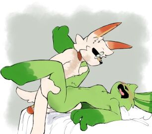 anthro anthro_on_anthro anthro_only bunny commission commissioned commissioner_upload critters_(poppy_playtime) domestic_rabbit excessive_genital_fluids female furry_only glasses green_body green_fur green_skin hoppy_hopscotch hoppy_hopscotch_(poppy_playtime) no_humans no_visible_genitalia on_bed pokemon pokemon_(species) poppy_playtime poppy_playtime_(chapter_3) rabbit scorbunny sex sex_on_bed sheepshits smiling_critters straight tagme
