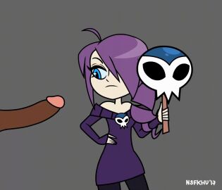 1boy 1girls 2010s 2017 animated artist_signature blue_eyes dark-skinned_male dark_penis dark_skin female hands_on_hips khu light-skinned_female light_skin looking_at_penis male offscreen_male otakostudio penis penis_play purple_hair simple_background slapping_penis smile stockings sweater tagme teasing_penis touching_penis zone-tan