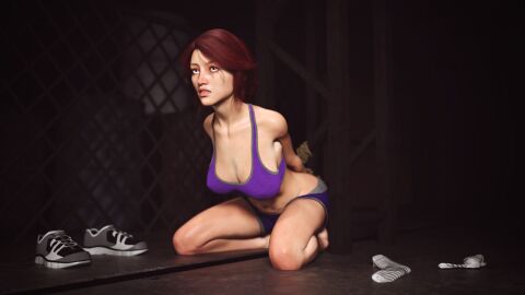 1girls 3d arms_behind_back bound_wrists bra clothed_bondage female female_only kneeling original purple_bra purple_shorts red_hair shorts solo solo_female sports_bra ultimate-clash