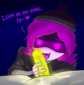 1boy 1girls 2024 2d beanie blowjob blush blushing_at_viewer clothed disassembly_drone english_text fangs female glitch_productions glowing_eyes glowing_penis holding_penis humanoid licking licking_penis looking_at_viewer male male/female murder_drones n_(murder_drones) nuzi penis penis_lick purple_hair rizot robot robot_boy robot_girl robot_humanoid screen_face smug smug_face talking text tongue tongue_out uzi_(murder_drones) worker_drone