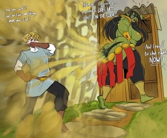 1boy 1girls armor ass ass_cleavage ass_crack barefoot belt big_ass big_breasts bikini black_hair blue_eyes boots bra breasts bubble_ass bubble_butt butt_crack chainmail covering_nose desperation dialogue fantasy fart fart_cloud fart_fetish farting female female_focus green_skin hand_on_belly huge_ass human implied_scat large_breasts larger_female leshawk light-skinned_male light_skin long_ears long_hair male monster_girl motion_blur muscular muscular_arms muscular_female one_eye_closed onomatopoeia open_mouth orc orc_female outhouse panties pants pointy_ears princess royalty sharp_teeth shoulder_armor sideboob size_difference skimpy smaller_male solo_focus taller_female text thick_thighs thighhighs wide_hips wrist_armor