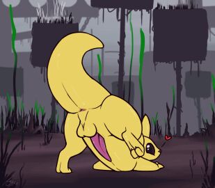 2024 2_toes 2d_animation animated anus ardeo ass ass_up backsack balls ballsack black_eyes black_nose claws digital_media_(artwork) feet feral frame_by_frame furry genitals heart hi_res looking_at_viewer looking_back loop male monk_(rain_world) monotone_body outside penis presenting presenting_anus presenting_hindquarters rain_world raised_leg raised_tail rear_view shaking_ass shaking_butt short_playtime slit slugcat solo solo_focus tail tapering_penis thick_tail thick_thighs toe_curl toes yellow_body