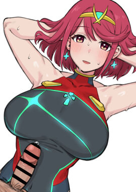 1boy 1girls absurdres armpits arms_up bar_censor black_one-piece_swimsuit blush breasts censored chest_jewel collarbone commentary covered_navel drop_earrings earrings erection female from_above glowing hands_in_hair highres jewelry large_breasts looking_at_viewer lying male multicolored_clothes multicolored_swimsuit nim_r18 on_back one-piece_swimsuit open_mouth orange_eyes penis precum pyra pyra_(xenoblade) red_hair red_one-piece_swimsuit short_hair simple_background skin_tight smile solo_focus star_(symbol) star_earrings straight sweat swept_bangs swimsuit tiara upper_body variant_set white_background xenoblade_chronicles_(series) xenoblade_chronicles_2