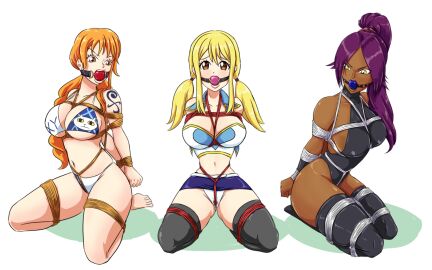 3girls arms_behind_back ball_gag bikini bikini_bottom bikini_top blonde_hair bondage bound bound_arms bound_legs bound_wrists chittron cleavage crotch_rope female female_only femsub frogtie gag gagged hourglass_figure looking_at_viewer lucy_heartfilia miniskirt nami_(one_piece) panties png ponytail purple_hair red_hair rope shihouin_yoruichi simple_background skirt small_waist stockings thighhighs twintails white_background