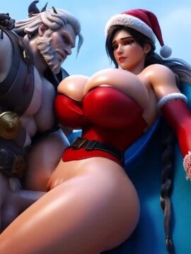 1boy 1girls 3d ai_generated ana_amari big_ass big_breasts christmas christmas_outfit cute exaggerated_anatomy exaggerated_proportions gigantic_breasts grey_hair large_breasts levrette massive_breasts massive_thighs overwatch overwatch_2 ravenomega reinhardt sex sexy_body sexy_woman smile solo_female tagme thunder_thighs video video_games young_ana_amari